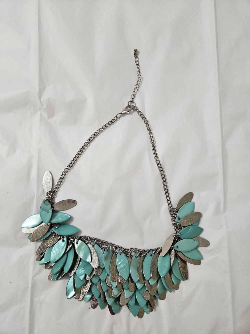 Turquoise Leaf Fringe Necklace with Silver Accents - Women Jewelry